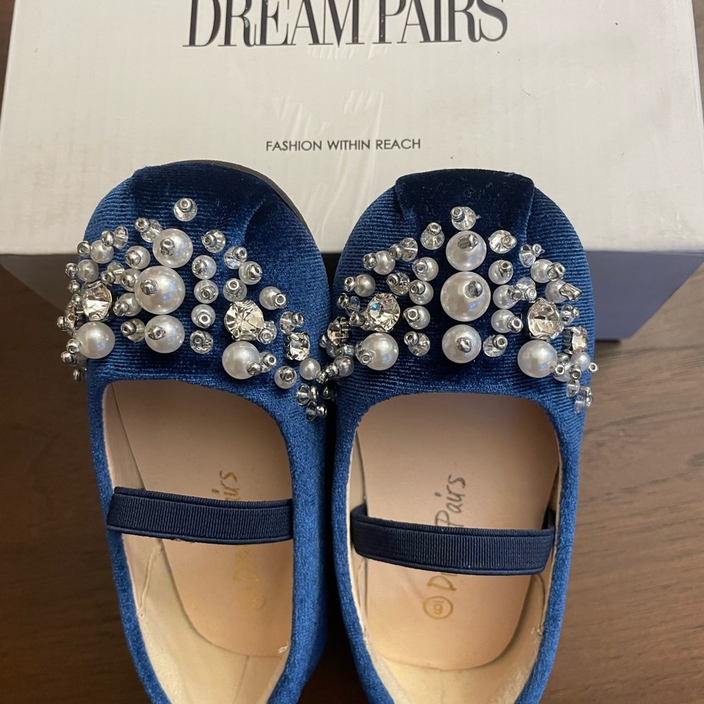 Dream Pairs Navy Blue Pearl & Rhinestone Girls Dress Flats